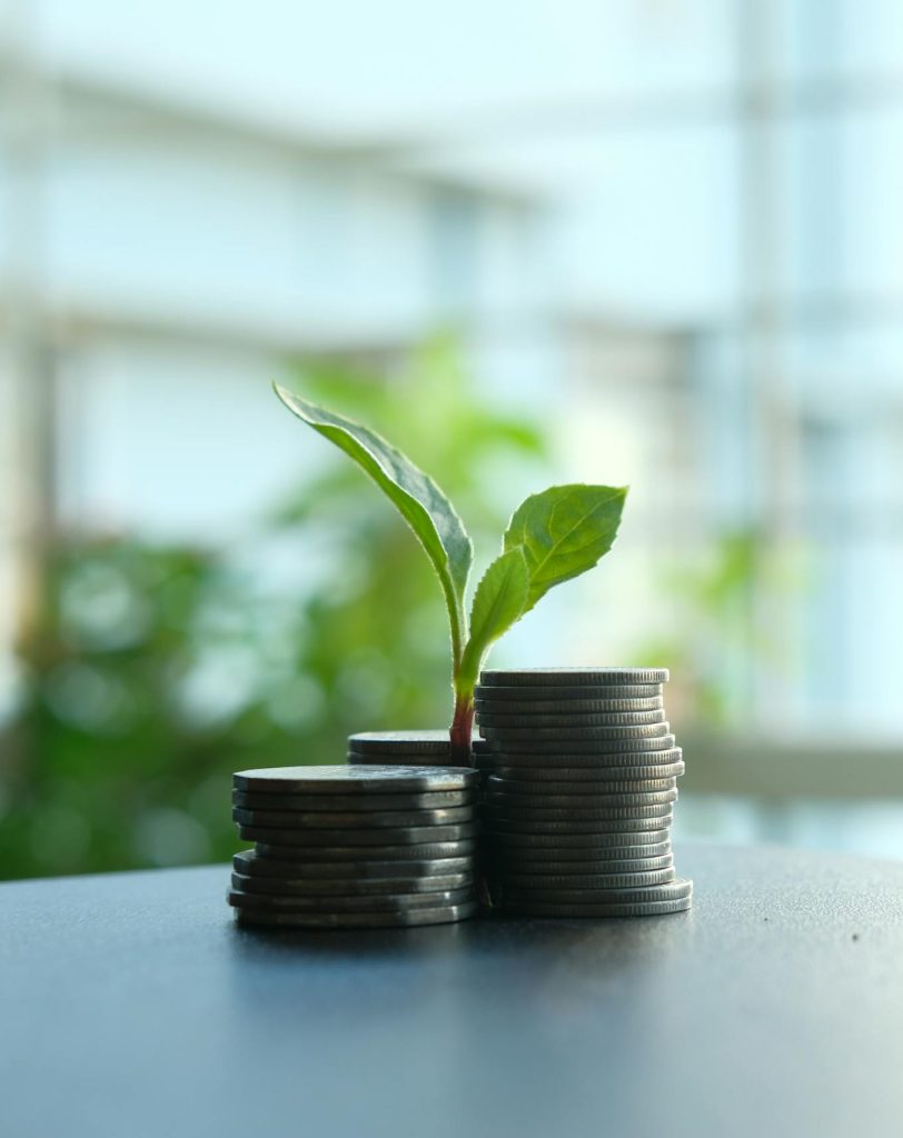 A small plant sprouting from stacked silver coins, symbolizing growth in finance.